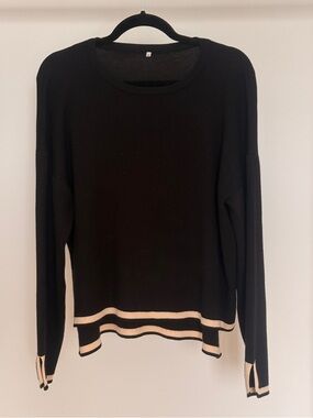 Commense Black Crewneck Sweater with Cream Stripe Trim